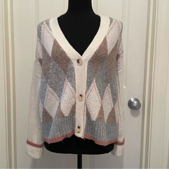 Rachel Zoe Argyle Knit Cardigan Sweater V-Neck Women's X-Small XS White Gray Tan - Picture 1 of 5